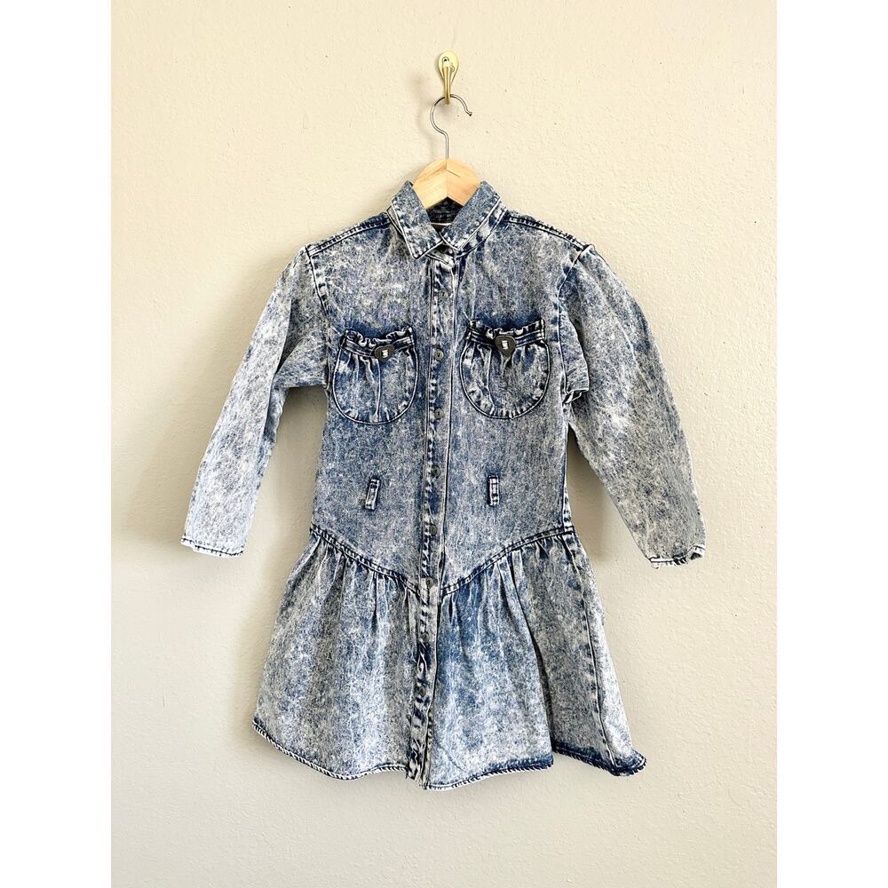 Kids Vintage 80s Acid Wash Denim Western Cowgirl Long Sleeve Cotton Dress 8